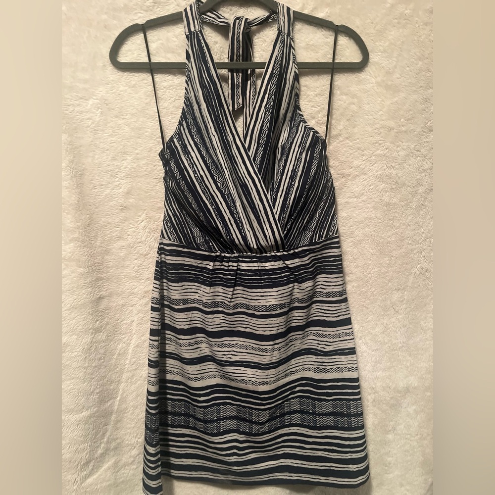 Athleta Navy & White Striped Halter Wrap Mini Dress